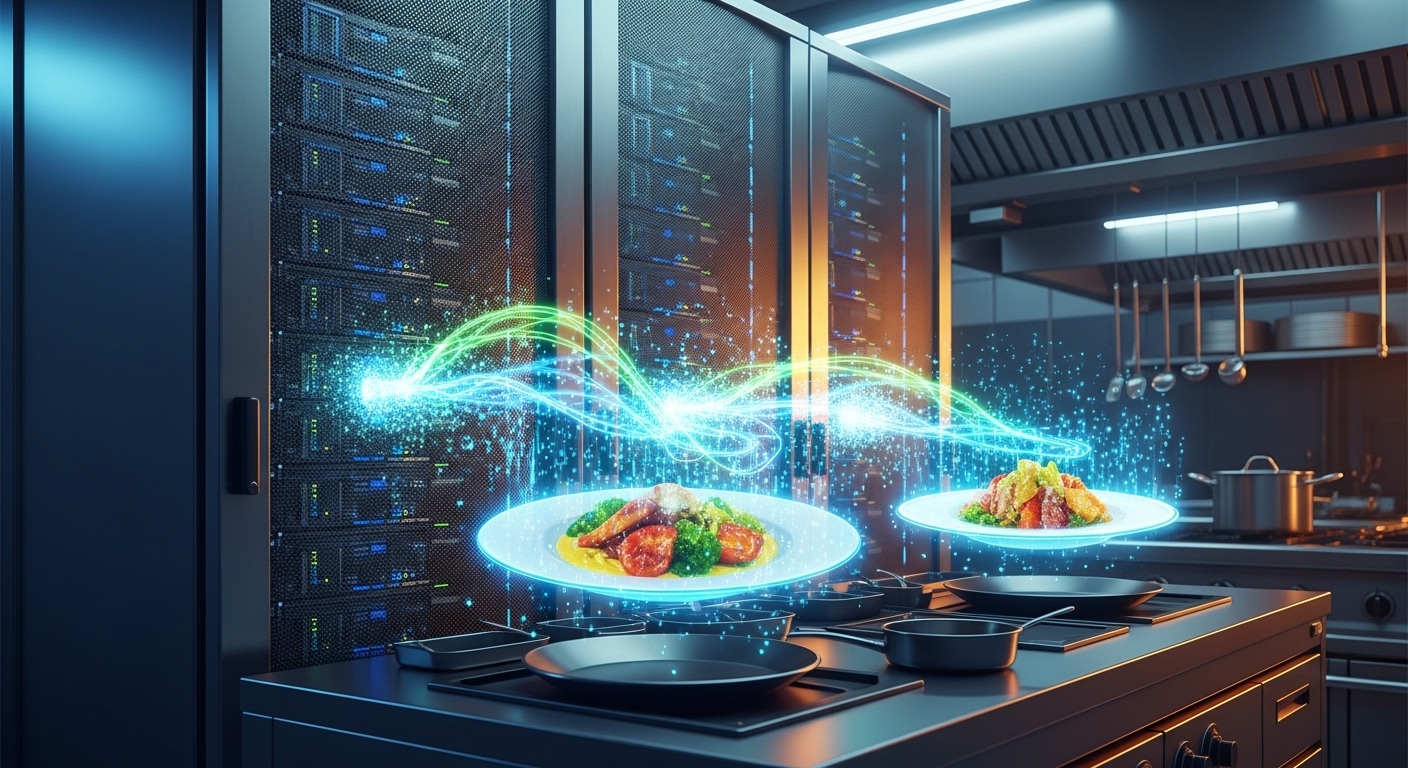 레스토랑 주방처럼 데이터 요청을 처리하는 서버의 개념을 시각적으로 표현한 이미지