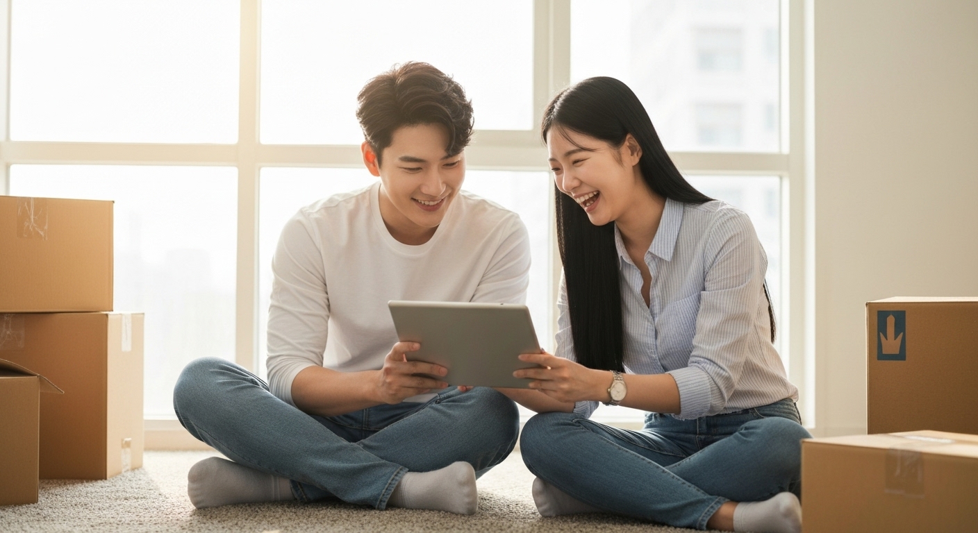 새로운 집 거실 바닥에 앉아 이사 상자에 둘러싸여 태블릿을 보며 미래를 계획하는 젊고 행복한 한국인 커플의 모습