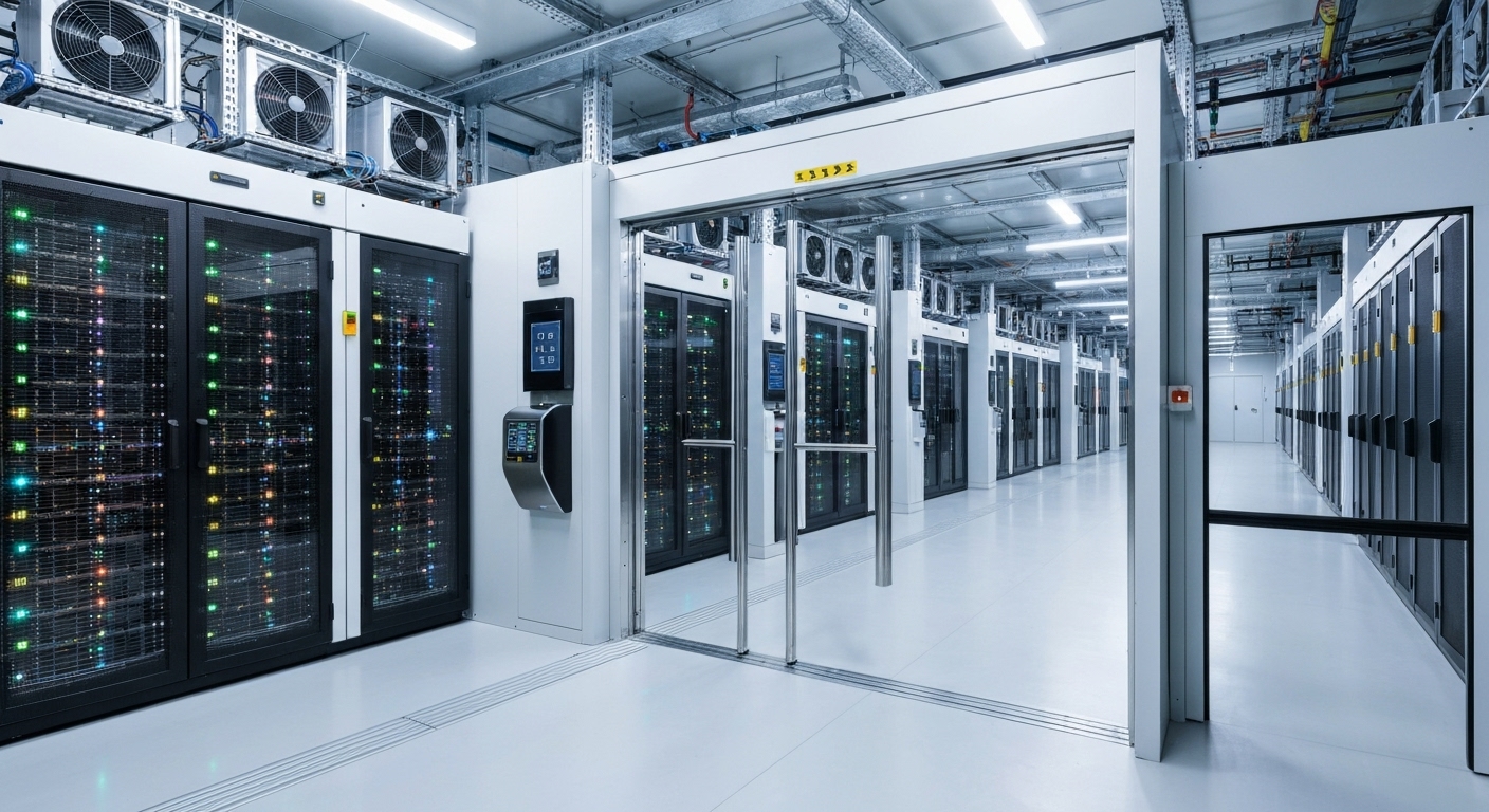 한국 데이터 센터 내부 모습, 서버 랙과 고급 냉각 시스템, 생체 인식 출입 통제 장치가 있는 보안 환경