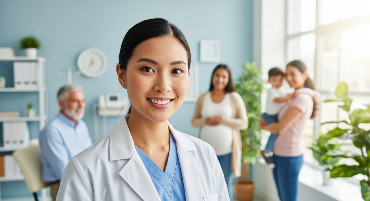 독감 예방접종의 중요성을 안내하는 의사와 건강하게 미소짓는 어르신, 임신부, 어린이의 모습