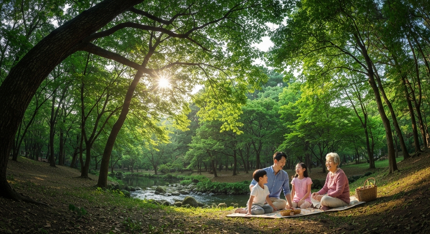 가족과 함께 식사하며 환하게 웃고 있는 건강한 어르신