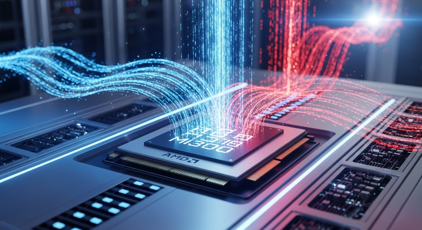 미래형 서버랙 중앙에 위치한 AMD MI300 GPU 칩으로 데이터가 흘러 들어가는 모습