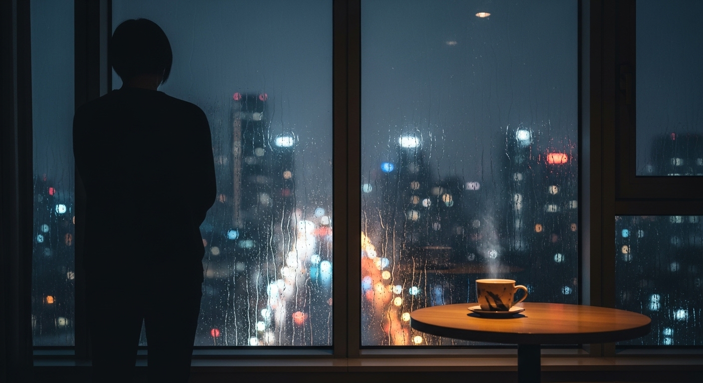 비 오는 밤 창가에 홀로 앉아 상간자 소송을 고뇌하는 사람