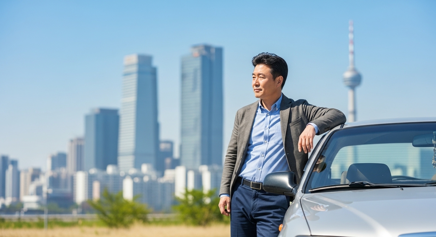 낡은 자동차 앞에서 2025년 조기폐차 지원금을 고민하는 한 남성의 모습