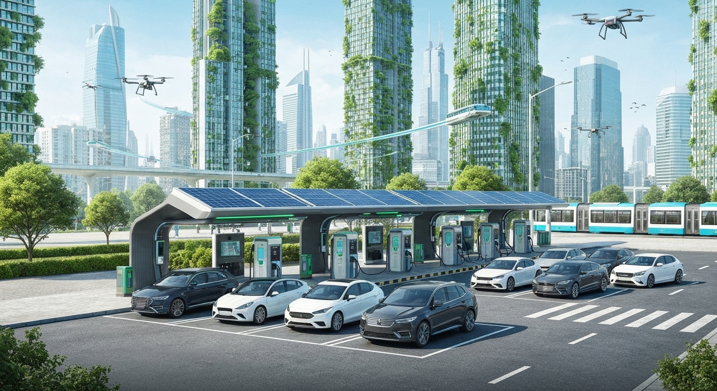 전기차 충전소에서 전기차들이 충전 중인 모습, 친환경 도시 배경