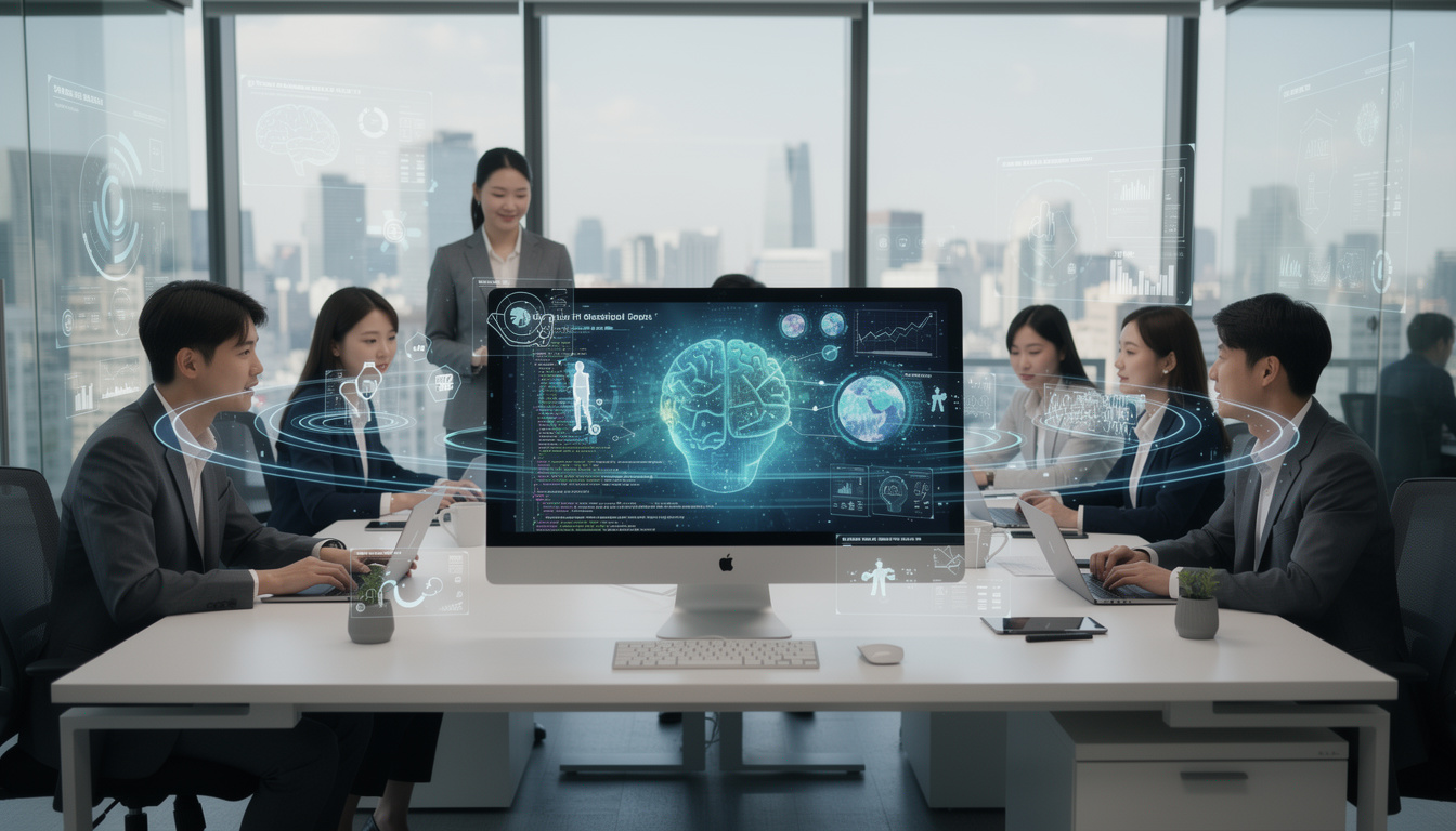 현대 한국 사무실에서 인공지능 기술이 업무 혁신을 돕는 모습