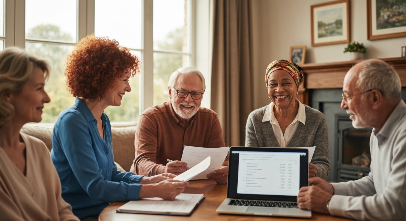 노년층이 밝은 집에서 국민연금과 노후 재정 설계에 대해 토론하는 모습