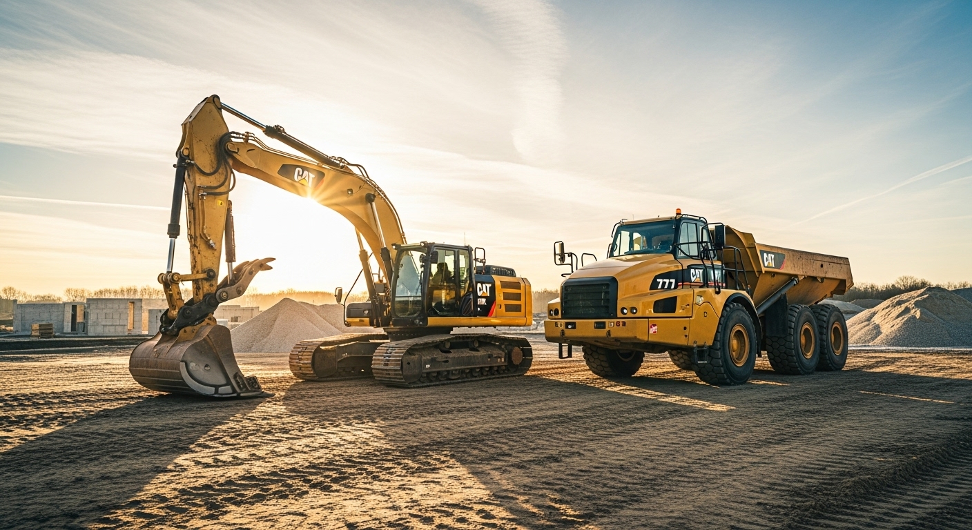 해 뜰 녘 건설 현장에 나란히 서 있는 굴착기와 덤프트럭