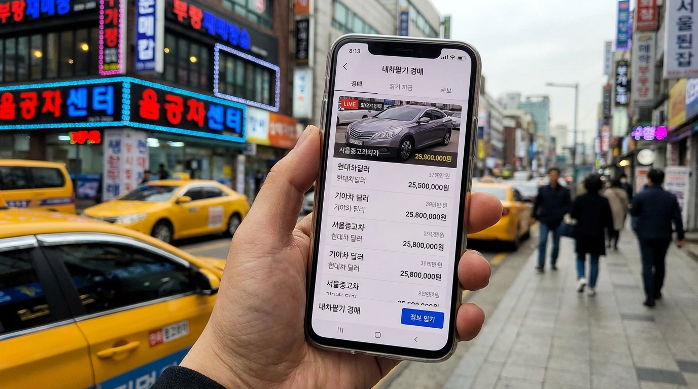 한국 배경의 스마트폰 내차팔기 앱에서 여러 딜러가 경쟁 입찰 중인 모습
