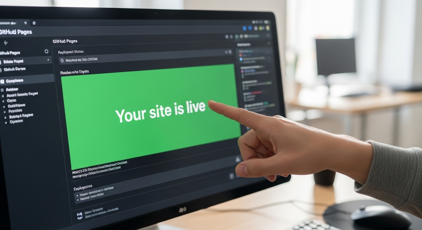 깃허브 페이지 배포 성공 후 'Your site is live'라는 초록색 메시지가 뜬 컴퓨터 화면을 손가락으로 가리키고 있는 모습.