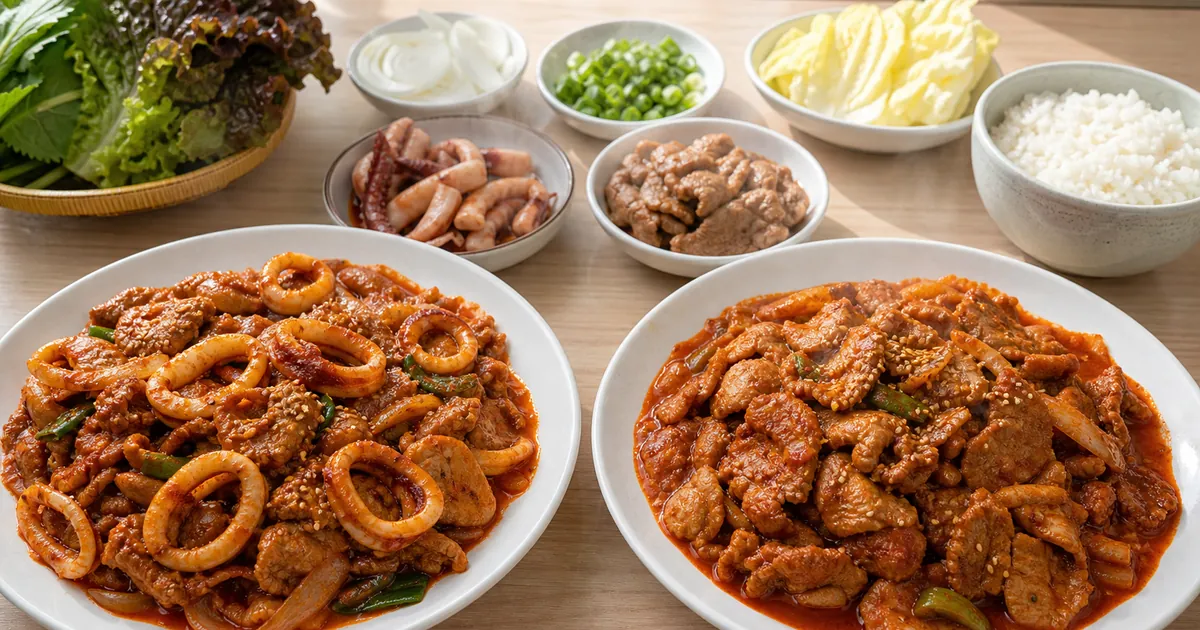 오삼불고기와 제육볶음을 나란히 놓고 오징어와 돼지고기 차이를 비교한 한식 점심 상차림