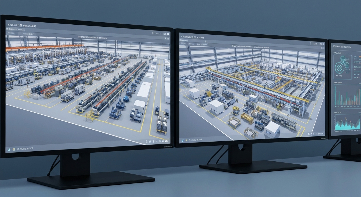 한국 공장을 가상 공간에 똑같이 구현한 디지털 트윈 시뮬레이션 화면