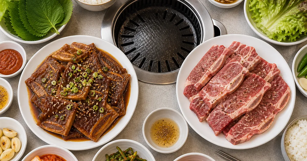 양념갈비 접시와 생갈비 접시를 양념장과 채소 곁들임으로 비교한 갈비 상차림