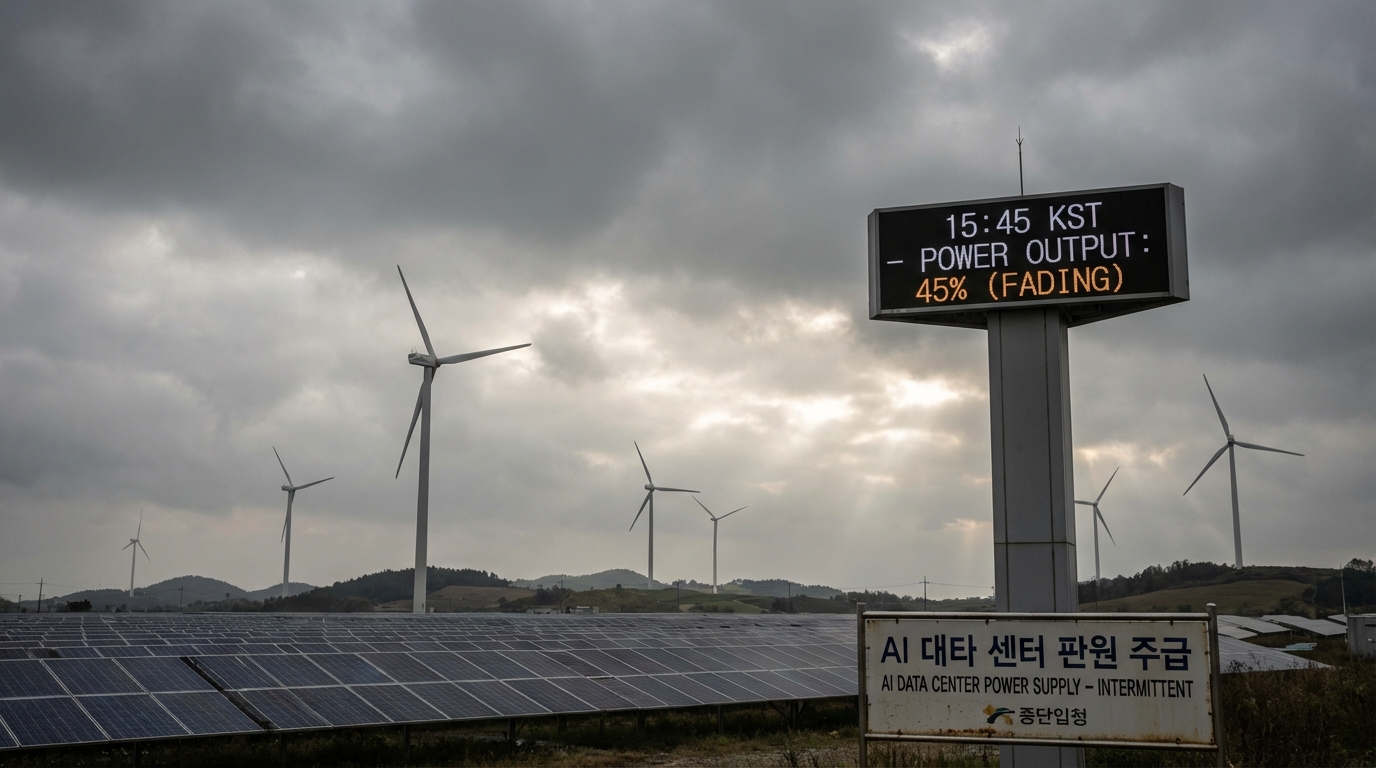 재생에너지의 간헐성과 AI 데이터센터 전력 공급 한계를 표현한 이미지
