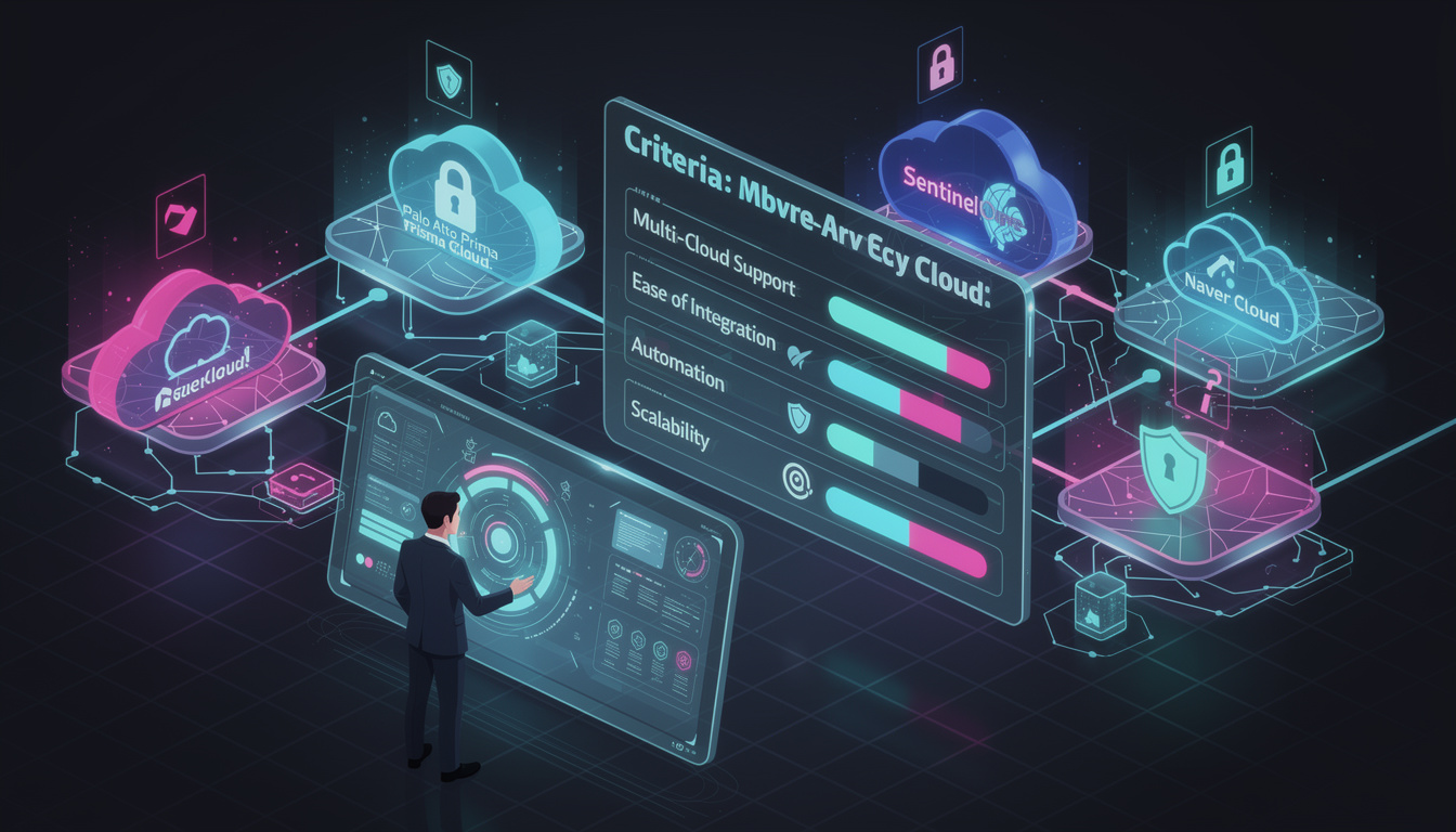 최적의 클라우드 보안 솔루션 선택 기준과 대표 솔루션을 보여주는 현대적 일러스트