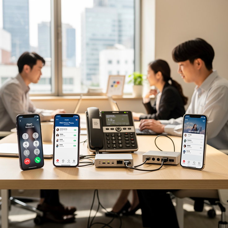 한국 스타트업 소규모 사무실에서 스마트폰과 키폰을 사용하는 모습