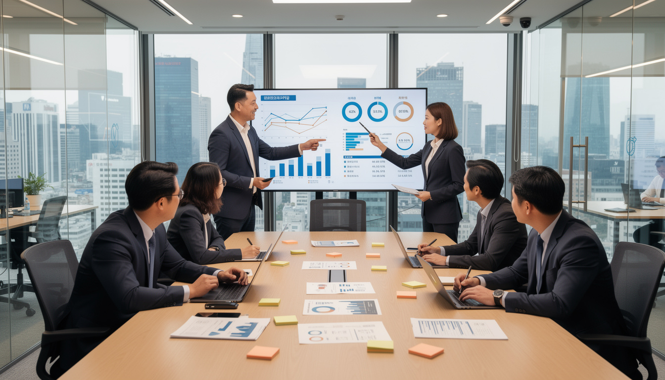 비즈니스 목표와 분석 목표를 명확하게 연계하는 전략 회의 모습