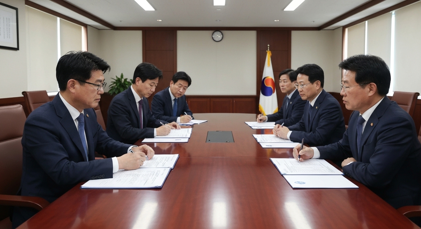 한국 사업가들과 정부 관계자들이 스마트팩토리 사업 협약과 진행 상황을 논의하는 모습