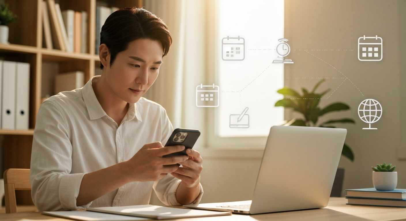 언제 어디서나 온라인 수업을 듣는 한국인 성인의 모습