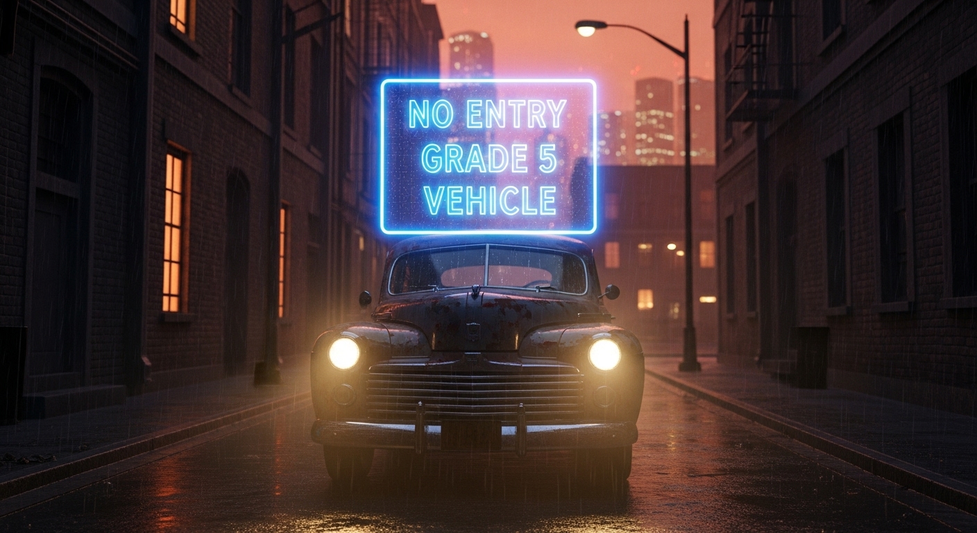 5등급 차량 운행 제한으로 인해 도심에서 진입이 막힌 낡은 자동차의 모습.
