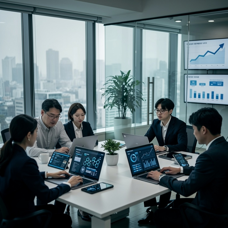 2026년 한국 사무실에서 AI 자동화와 고용 불안이 느껴지는 협업 환경