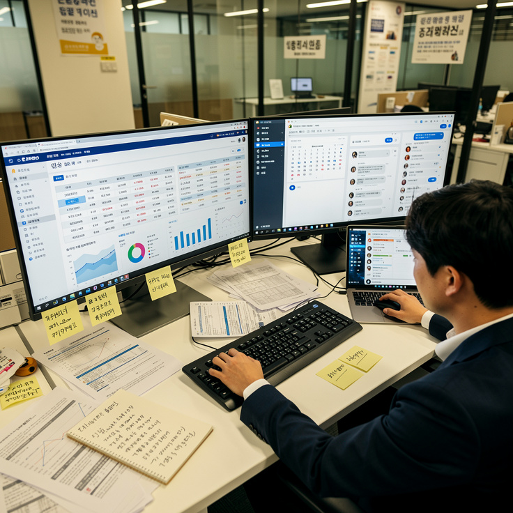 ERP, 그룹웨어, 메신저가 각기 다른 화면에 띄워진 한국 사무실 환경의 비효율적인 업무 모습
