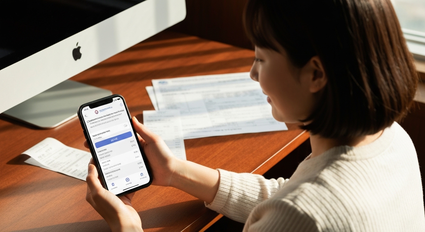 한국인이 보험금 청구를 위해 모바일 앱을 이용하는 모습과 병원 영수증