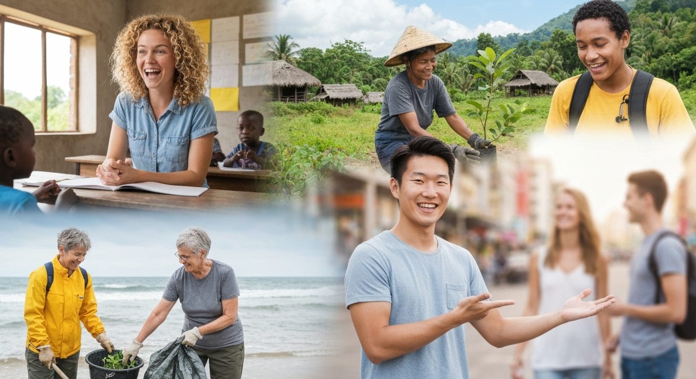 교육 봉사, 해외 봉사, 환경 보호 등 다양한 NGO 봉사활동 모습을 합친 이미지