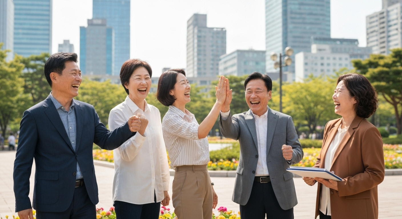 성공적인 재취업과 새로운 도전을 축하하는 한국 중장년 사람들의 모습