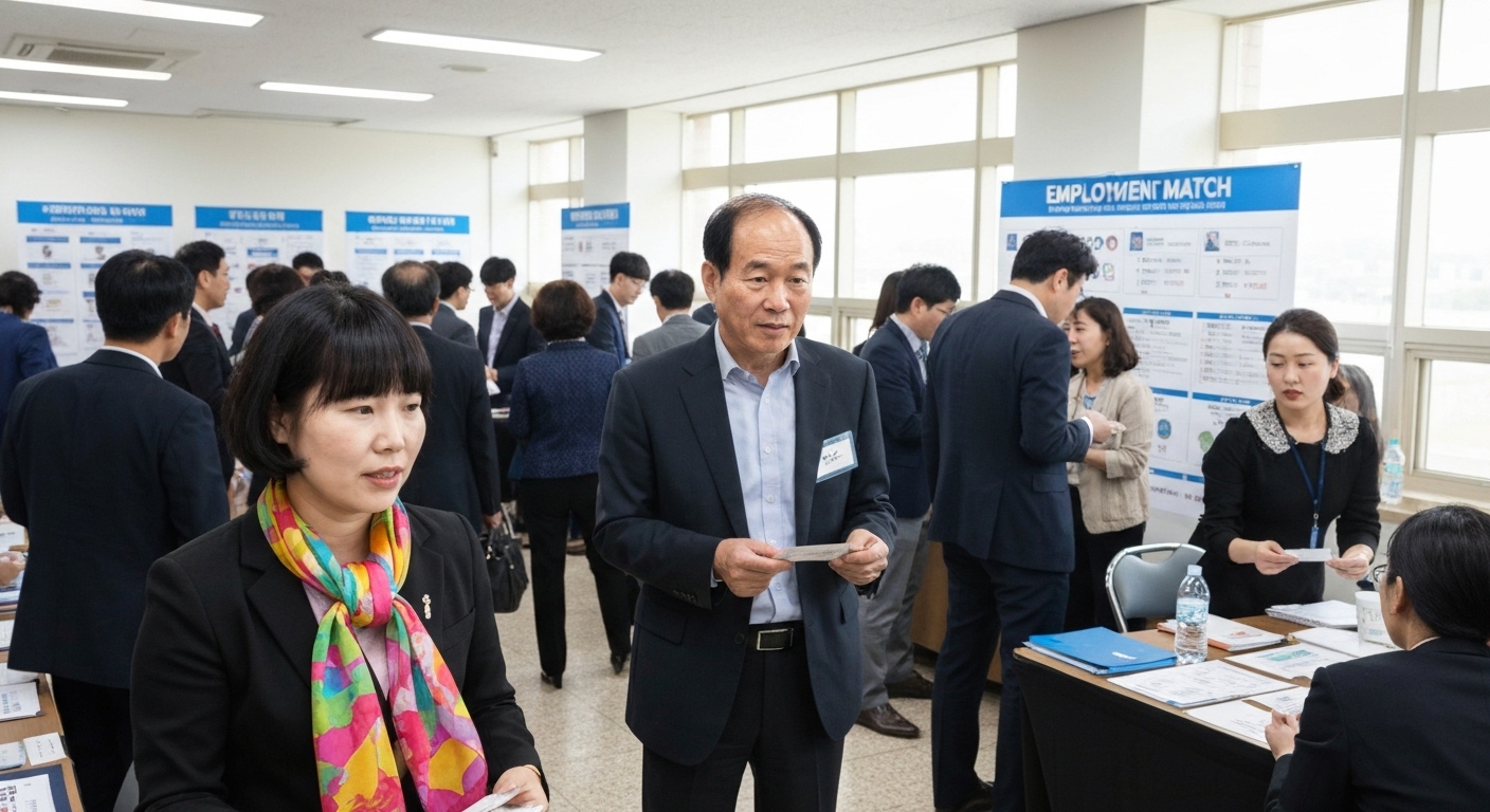 한국 커뮤니티 센터에서 중장년 구직자들과 채용 담당자들이 활발히 교류하는 취업박람회 현장
