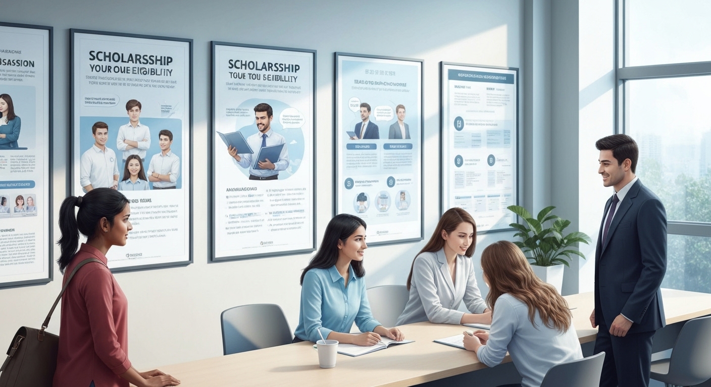 한국 대학 입학처에서 국가장학금 신청 자격과 절차에 대해 안내받는 다양한 한국 학생들