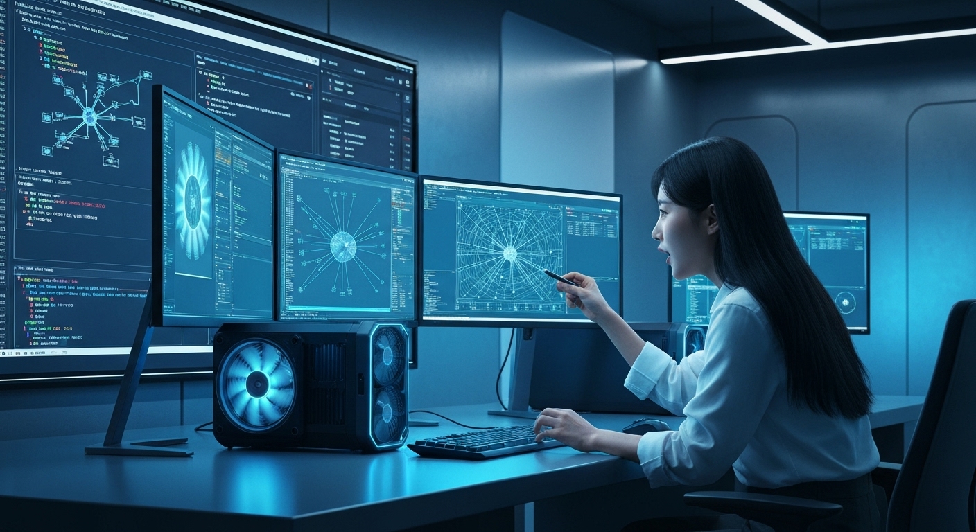 2025년 한국의 첨단 기술 사무실에서 AI 파인튜닝 작업을 하는 모습