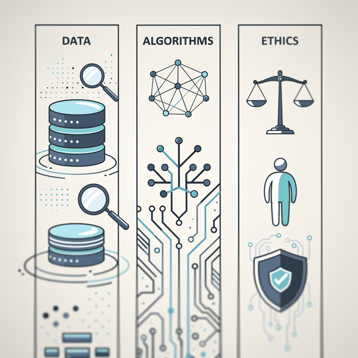 인공지능 리터러시의 핵심 기둥인 데이터, 알고리즘, 윤리를 상징하는 디지털 인포그래픽