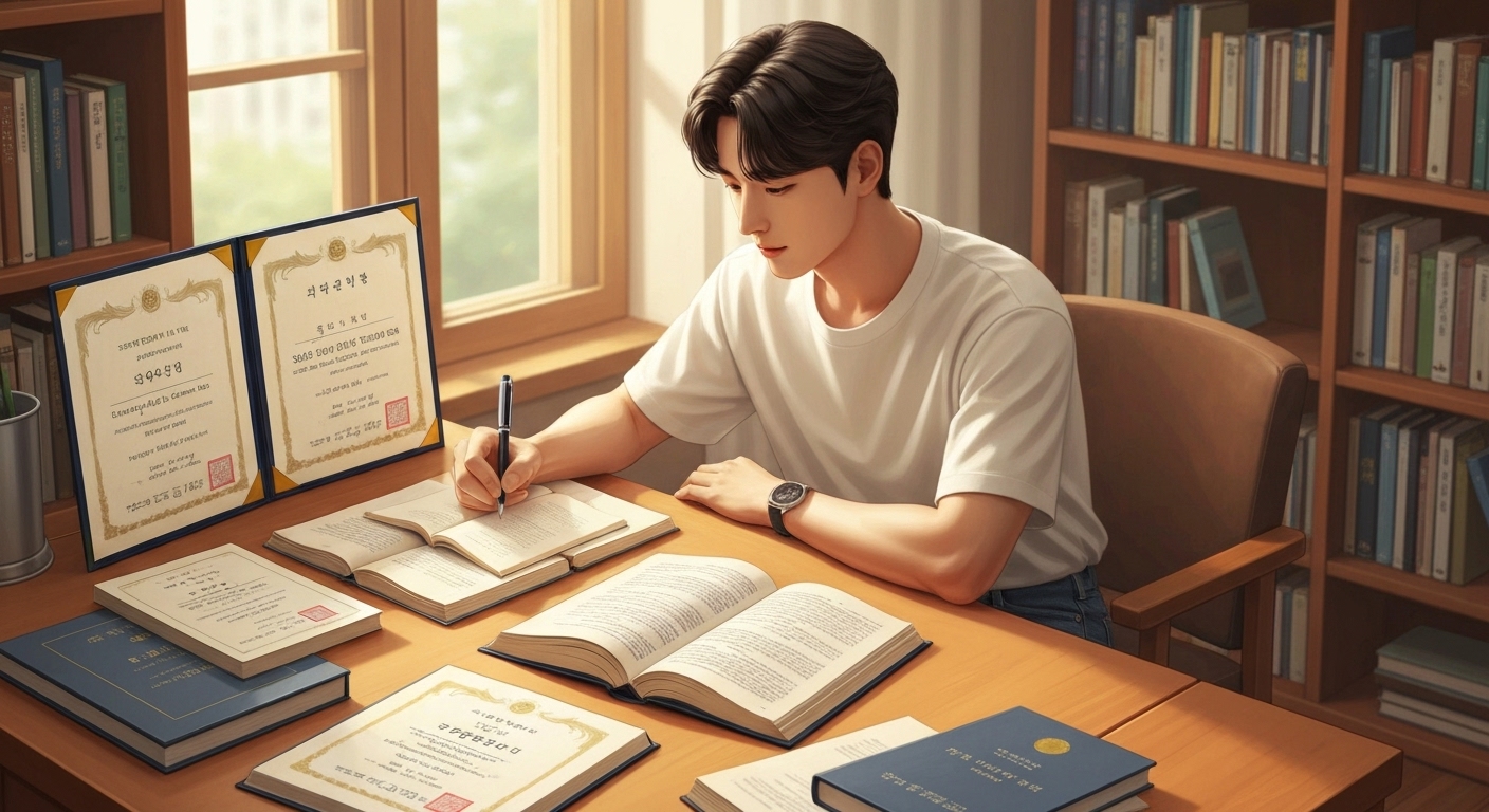 다양한 학점 인정 방법을 이해하는 한국 학습자, 자격증과 교재가 책상에 펼쳐져 있는 모습