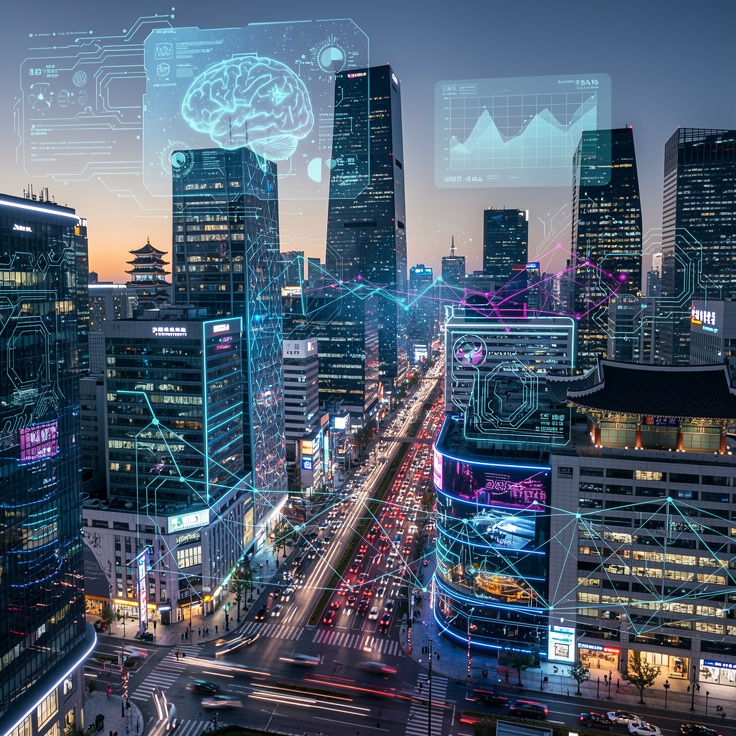 2026년 AI와 딥러닝 시장의 급성장을 상징하는 현대적 디지털 도시 풍경
