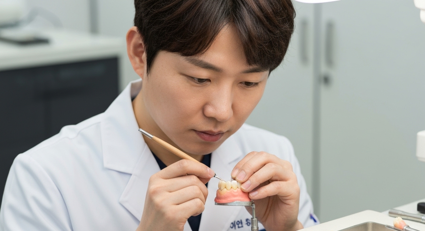 한국 치과 기공사가 자연치아와 어울리는 정교한 크라운 보철물을 제작하는 모습