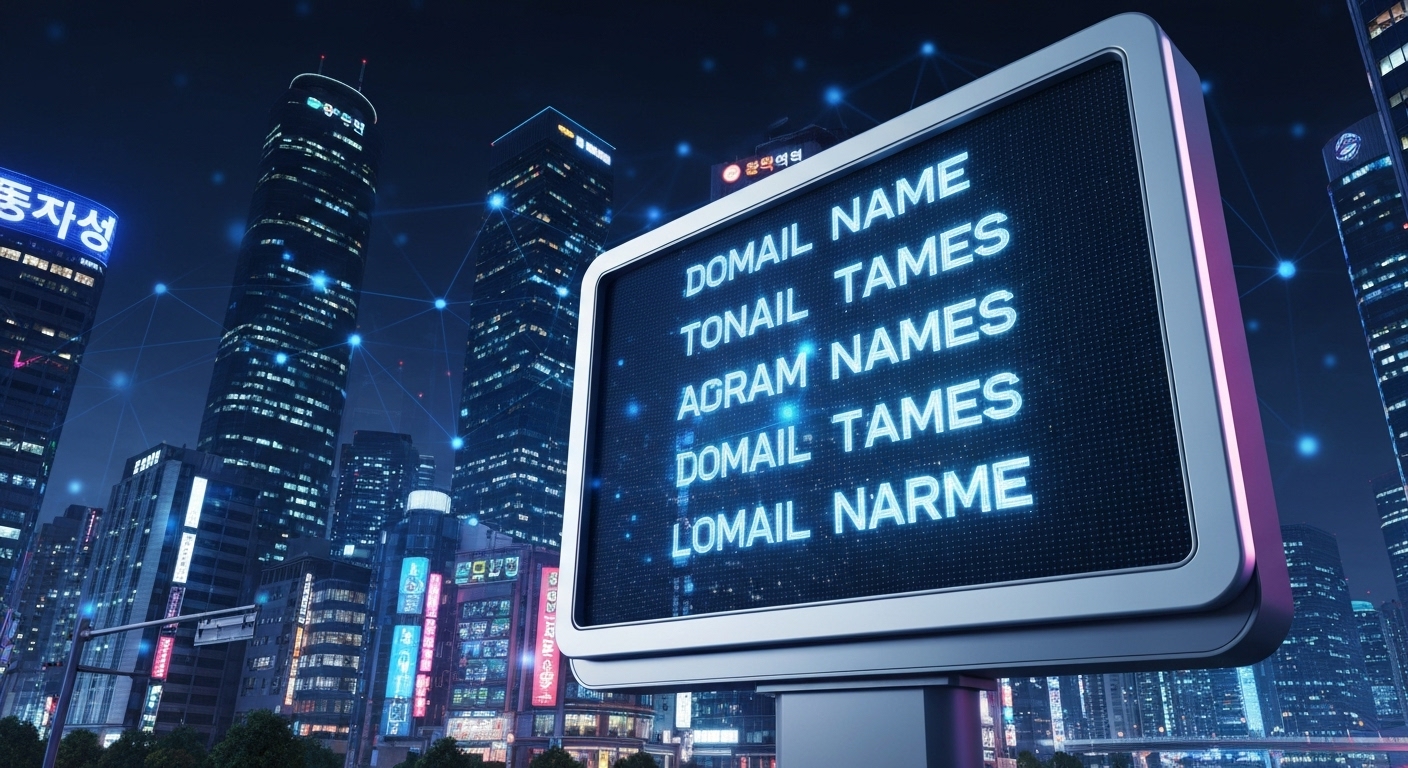 인터넷 필수 안내판으로서 도메인을 상징하는 현대적인 디지털 사인보드와 네트워크 배경
