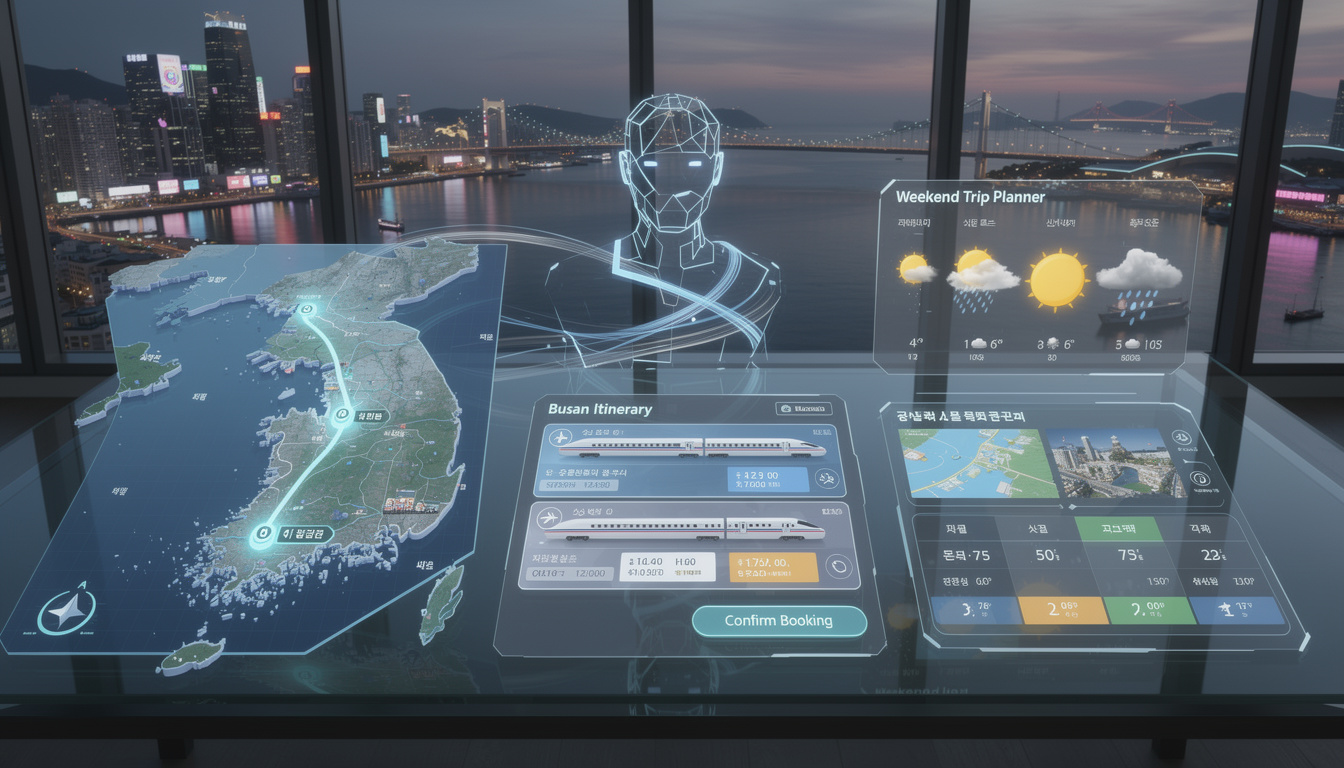 부산 여행 계획을 자율적으로 세우는 에이전틱 AI 모습과 디지털 인터페이스