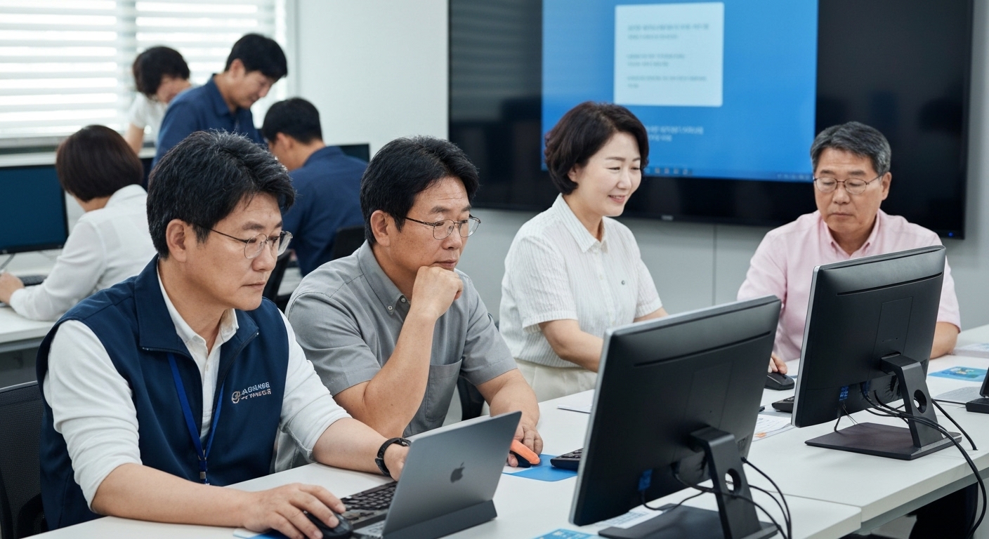 디지털 역량 강화를 위한 교육에 참여하는 50대 중장년 수강생