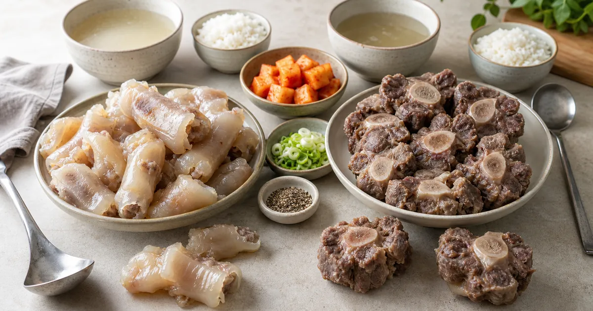 도가니탕용 쫀득한 도가니와 꼬리곰탕용 꼬리뼈 고기를 나누어 비교한 한식 재료 상차림