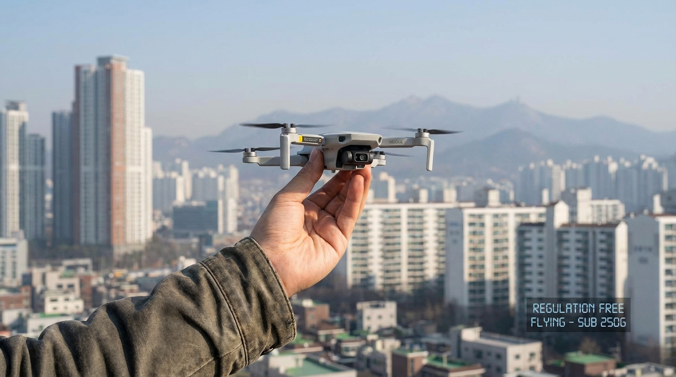 서브 250g 경량 드론이 한국 배경에서 손에서 이륙하는 장면