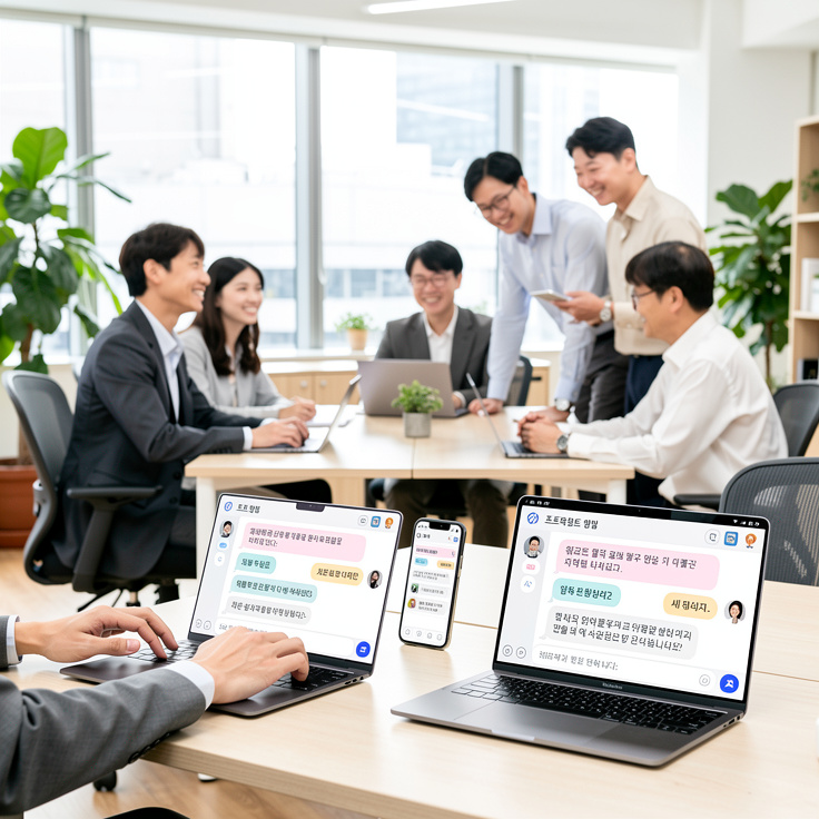 다양한 연령대의 한국 직원들이 스마트폰과 노트북으로 익숙한 메신저 기반 협업툴을 사용하는 현대적인 사무실 풍경