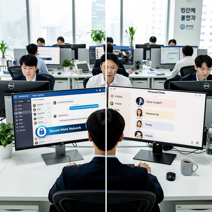 업무용 메신저와 개인 메신저가 분리된 한국 사무실 환경