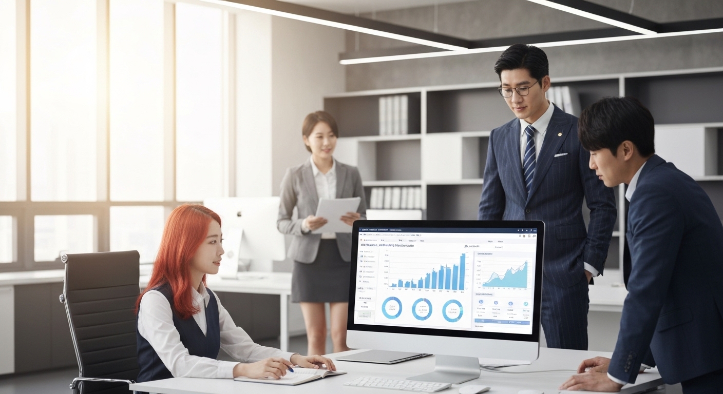 한국의 현대적인 사무실에서 자동화 회계 프로그램을 사용하며 협업하는 비즈니스 사람들