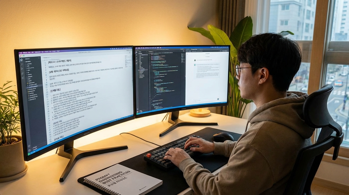 한국 개발자가 AI에게 구체적 맥락과 단계별 요청, 역할 부여를 하며 최적의 프롬프트 엔지니어링을 하는 모습
