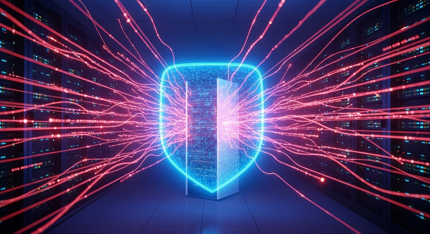 인공지능 사이버 공격에 맞서 데이터를 보호하는 미래형 보안 시스템을 묘사하는 이미지