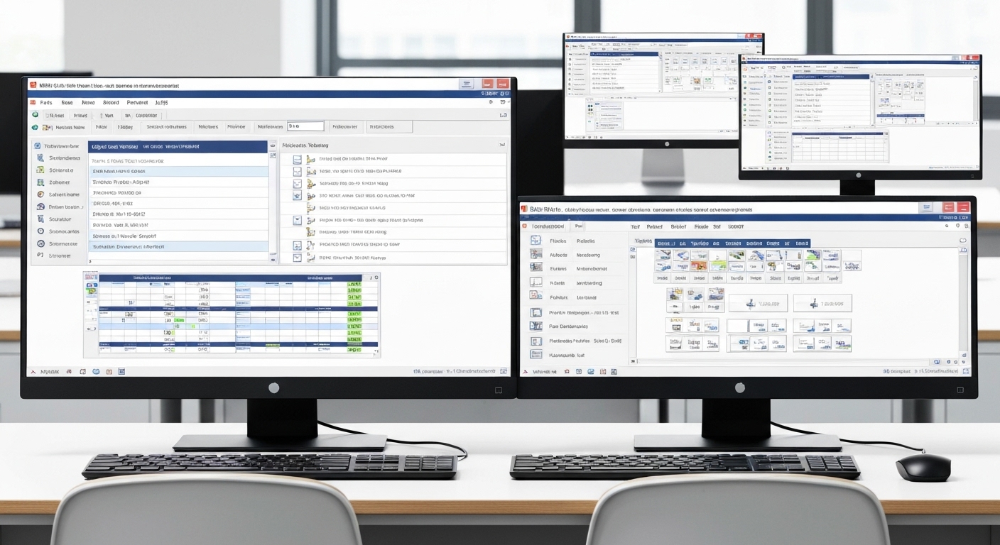한국 사무실 환경에서 PLC 개발 소프트웨어 및 네트워크 설정 화면