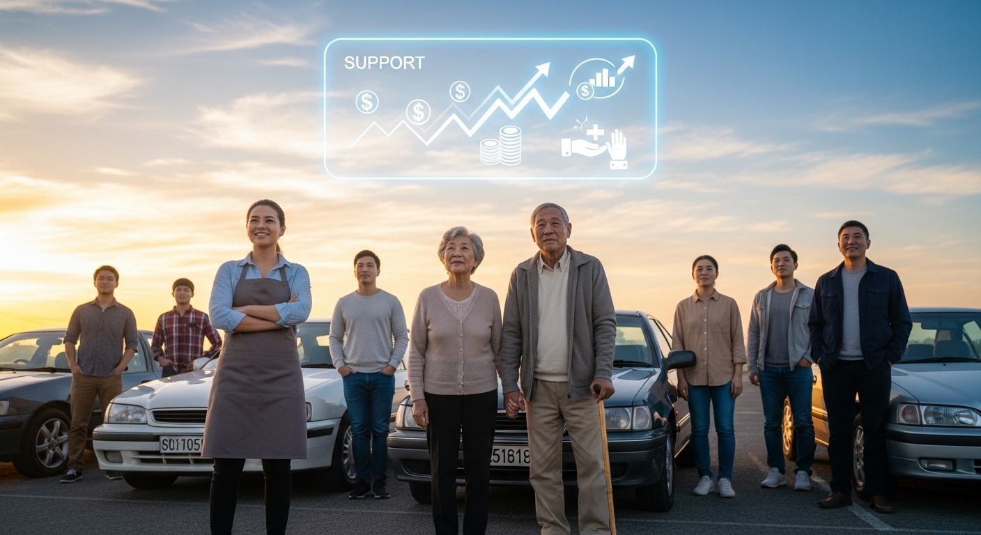 소상공인과 노부부가 자신의 5등급 차량 옆에서 추가 지원 혜택을 기대하는 모습.