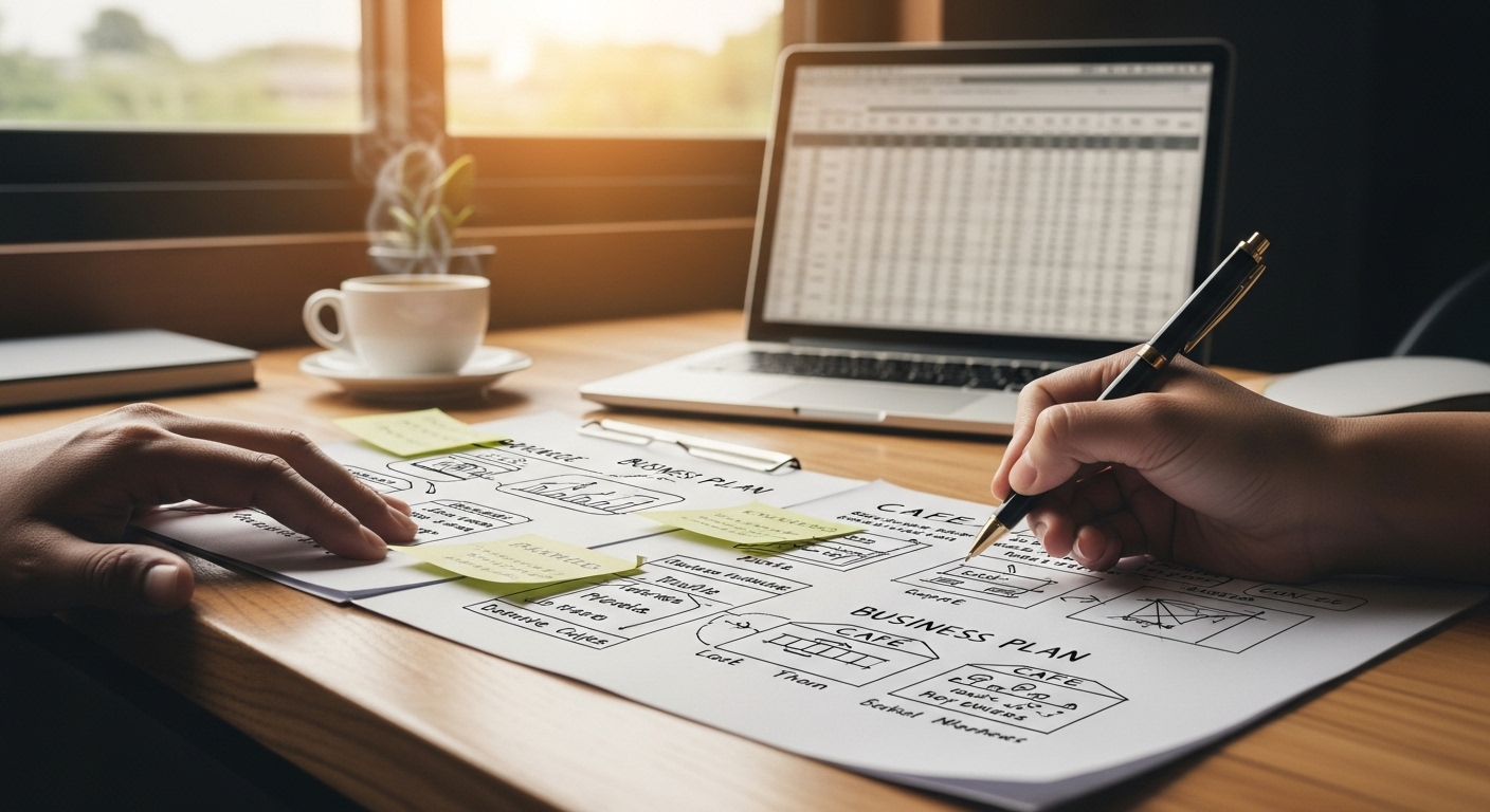 카페 창업을 위해 사업계획서를 꼼꼼하게 작성하고 있는 손 클로즈업