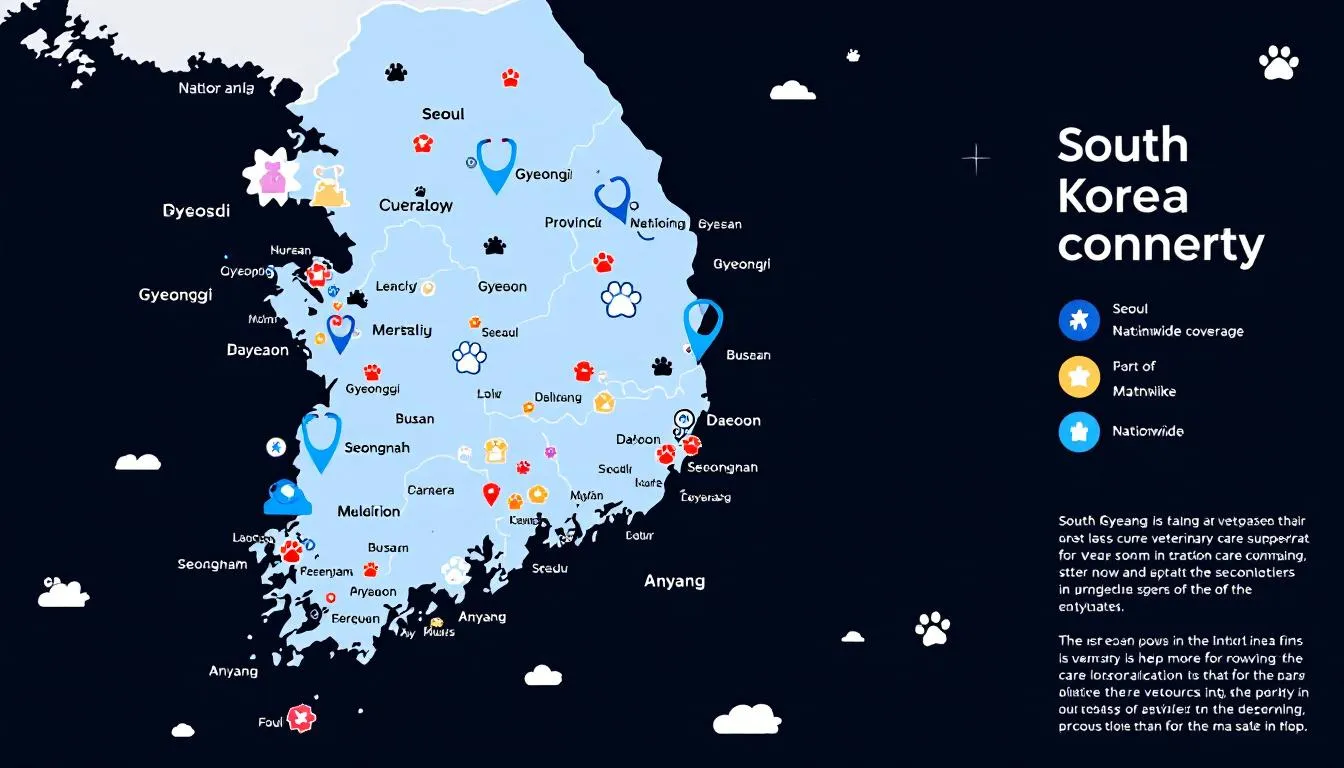대한민국 지도 위에 각 지자체별 반려동물 의료 지원 사업을 나타내는 아이콘들.